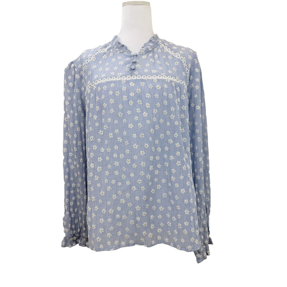 Zara Floral Peasant Blouse Womens XL Blue Daisy Print Ruffle Boho Cottagecore To